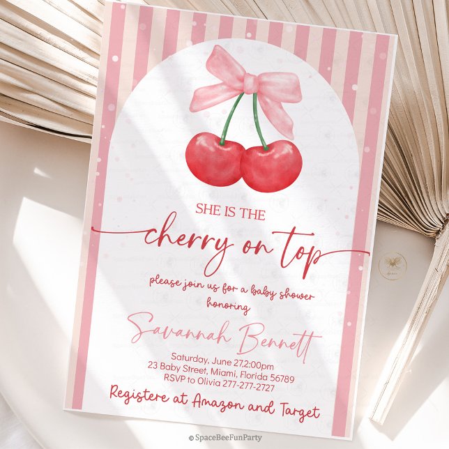 Cherry Baby Shower Cherry on Top Einladung (Cherry Baby Shower Invitation, Editable Cherry on Top Invitation, Girl Baby Shower Invite, Pink Bow )