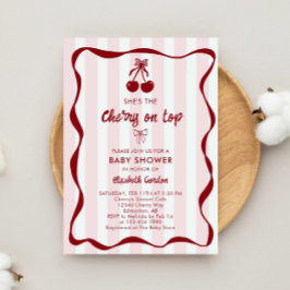 Cherry Baby Shower Sweet Pink Stripes Cute Bow Einladung