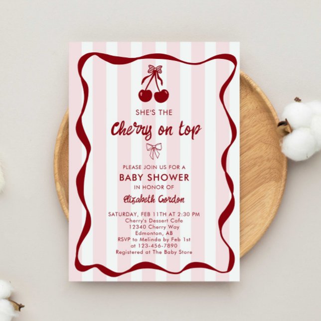 Cherry Baby Shower Sweet Pink Stripes Cute Bow Einladung (Von Creator hochgeladen)