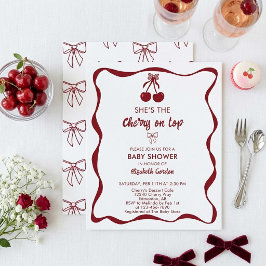Cherry Baby Shower Sweet Pink Stripes Cute Bow Einladung