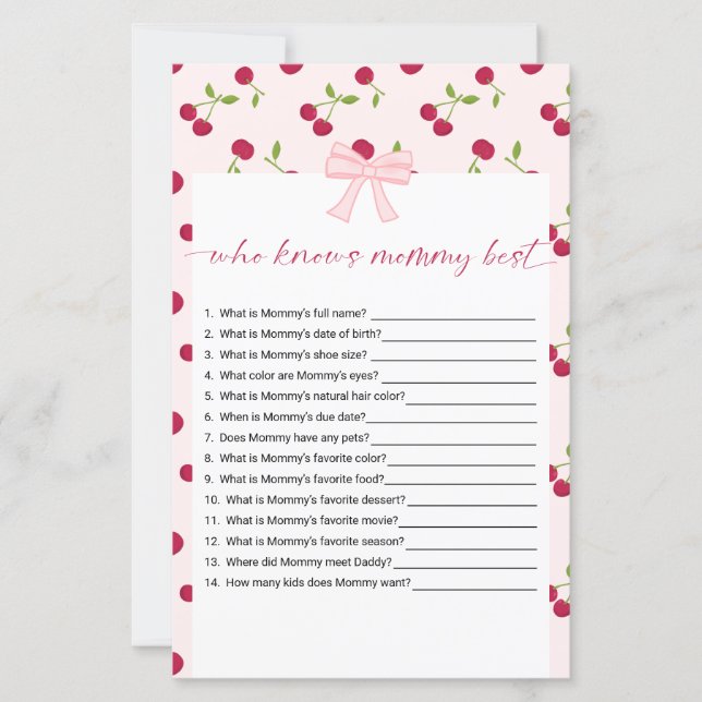 Cherry Baby Shower Who Knows Mommy Best Game (Vorderseite)
