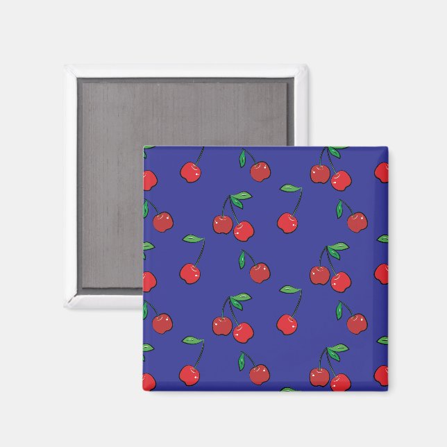 Cherry Berries Red Pattern Modernes Retro Blue Fun Magnet (Vorderseite/Rückseite)