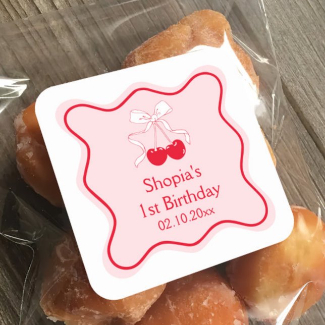 Cherry Birthday Party Quadratischer Aufkleber (Von Creator hochgeladen)
