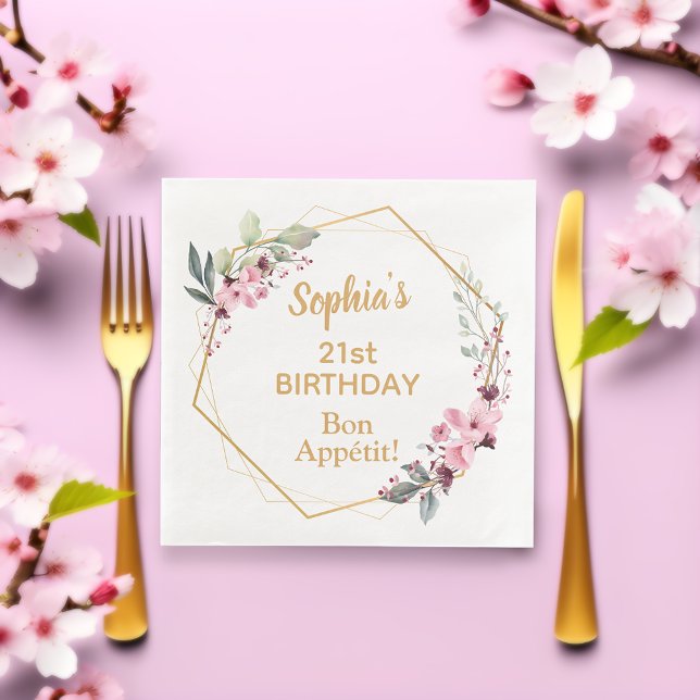 Cherry Blossom 21. Geburtstag Abendessen Party Nap Serviette (Elegant cherry blossom and gold birthday party paper napkins.)