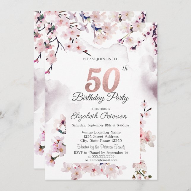 Cherry Blossom 50. Geburtstag Einladung (Vorne/Hinten)