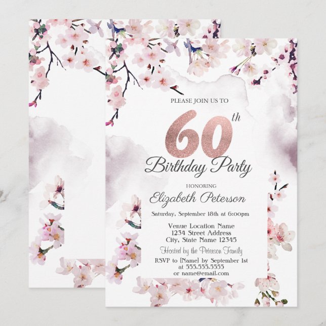 Cherry Blossom 60. Geburtstag Einladung (Vorne/Hinten)