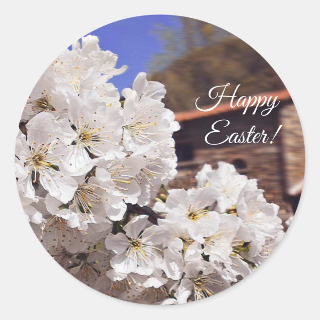 Cherry Blossom. Alles Gute zu Ostern. Runder Aufkleber (Vorderseite)