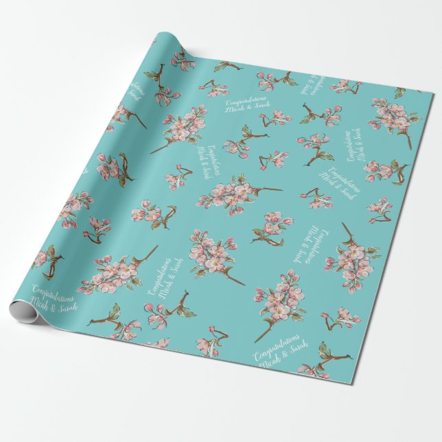 Cherry Blossom Aquamarin Retro Vintag Baby Dusche Geschenkpapier (Ungerollt)