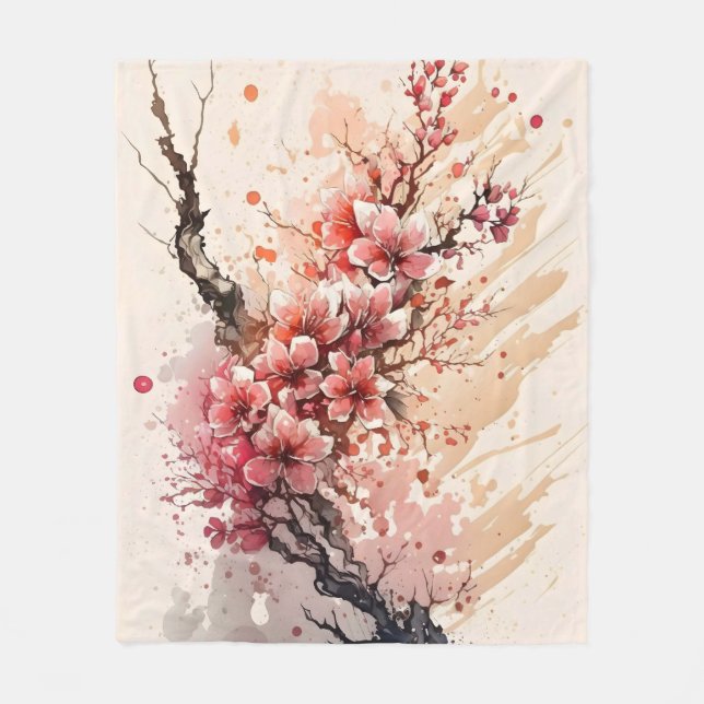 Cherry Blossom Aquarellfarben Blume Rosa Rote Blüt Fleecedecke (Vorderseite)