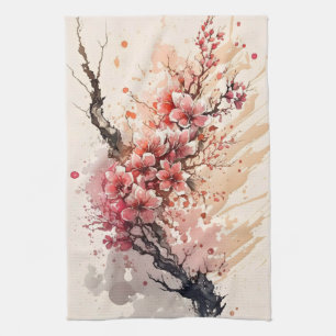 Cherry Blossom Aquarellfarben Blume Rosa Rote Blüt Geschirrtuch