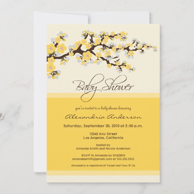 Cherry Blossom Baby Shower Invitation (gelb) Einladung (Vorderseite)