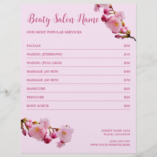 Cherry Blossom Beauty Salon Services Preisliste Flyer (Vorne)