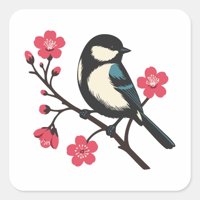 Cherry Blossom Bird - Frühlingsdienlichkeit Kunst Quadratischer Aufkleber (Vorderseite)