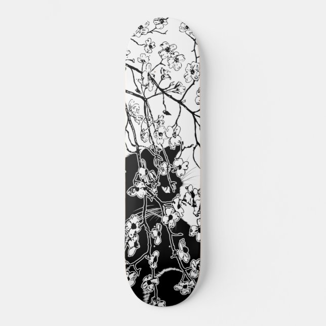 Cherry Blossom Black Cat Floral Black and White Skateboard (Vorderseite)
