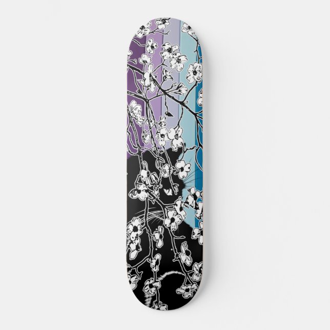 Cherry Blossom Black Cat Floral Stripes Lila Skateboard (Vorderseite)