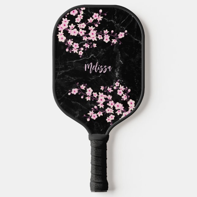 Cherry Blossom Black Marble Monogram Pickleball Schläger (Vorderseite)