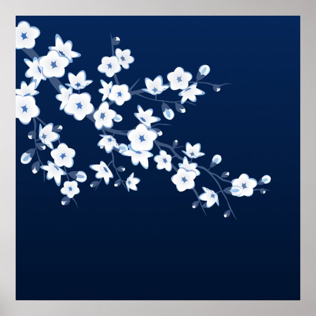 Cherry Blossom Blue White Poster (Vorne)