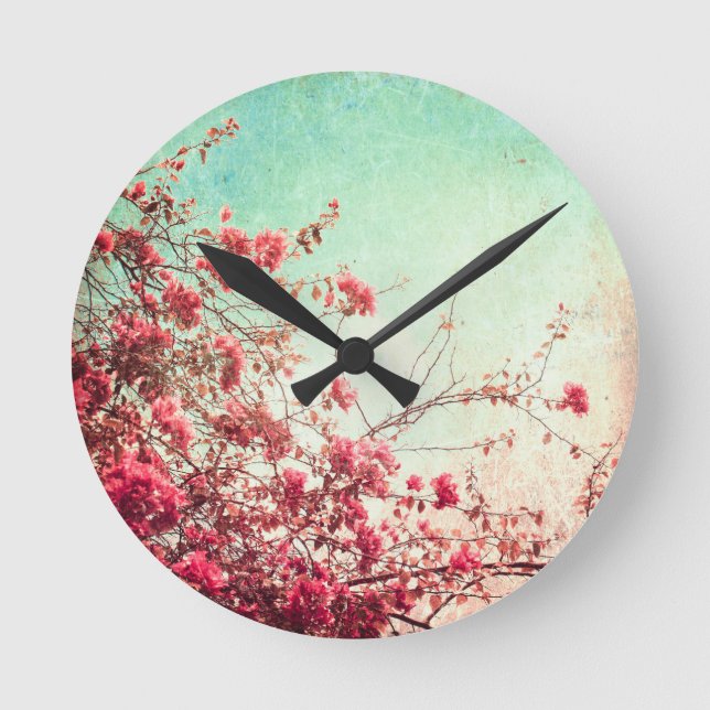 Cherry Blossom Blume Bloral Red Blue Wall Clock Runde Wanduhr (Vorderseite)