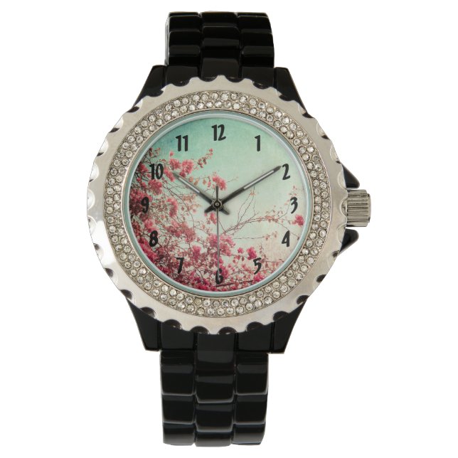 Cherry Blossom Blume Bloral Red Blue Wrist Watch Armbanduhr (Vorderseite)