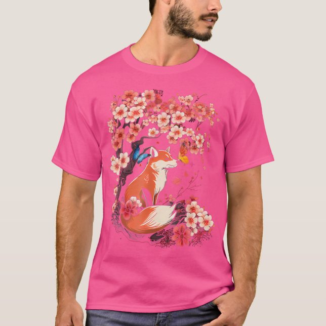 Cherry Blossom Blume Sakura Kawaii Japanese Fox T-Shirt (Vorderseite)