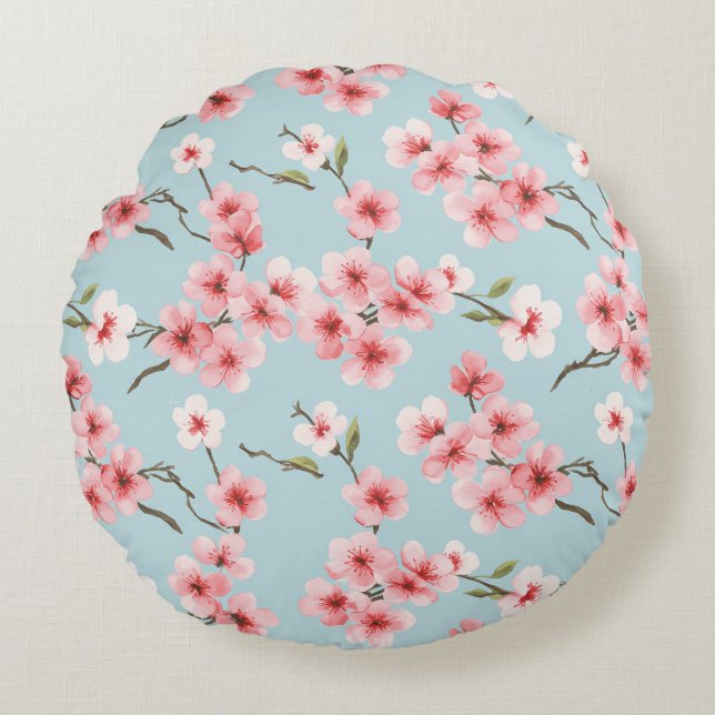 Cherry Blossom Blumenmuster Rundes Kissen (Vorderseite)