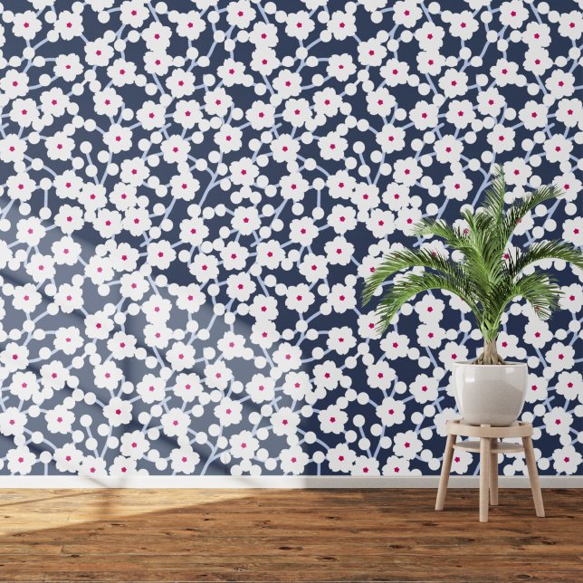 Cherry Blossom Blumenweiß auf Indigoblau Tapete (White on navy blue cherry blossom art wallpaper)