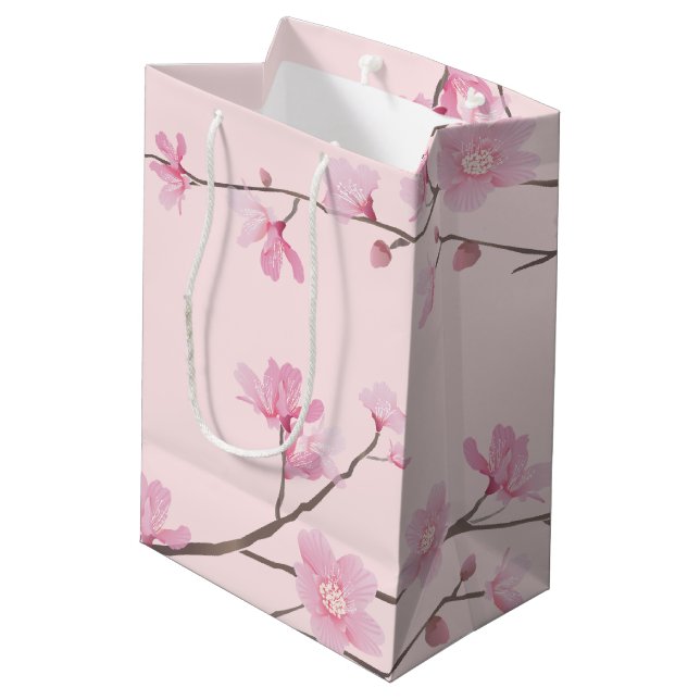 Cherry Blossom - Blush Pink Medium Geschenktasche Mittlere Geschenktüte (Rückseite Schrägansicht)