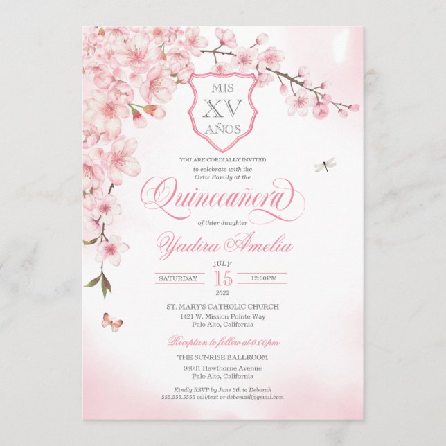 Cherry Blossom Blush Pink Quinceañera Einladung (Vorderseite)