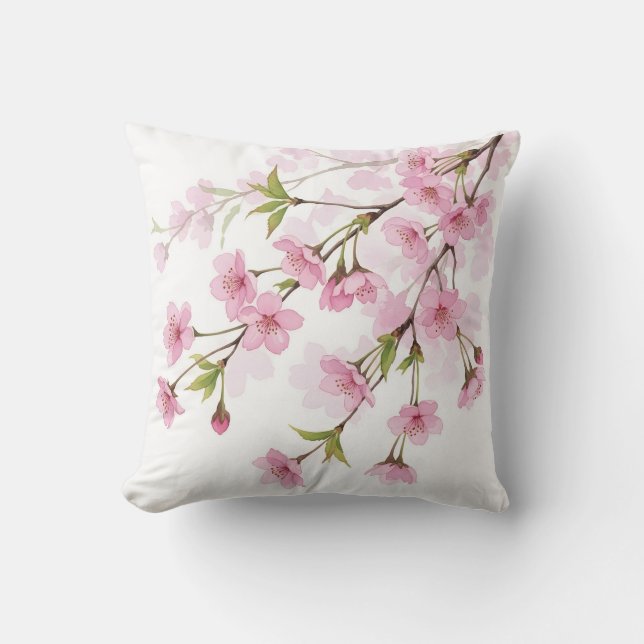 Cherry Blossom Branch Watercolor Pink Floral Kissen (Vorderseite)