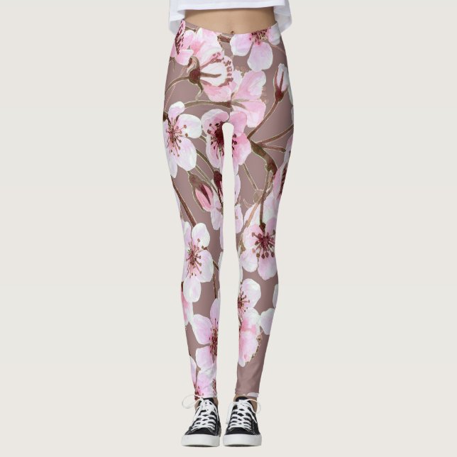 Cherry Blossom Branchen Wasserfarben Muster Leggings (Vorderseite)