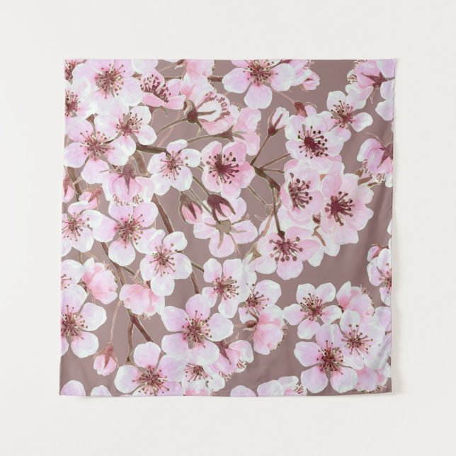 Cherry Blossom Branchen Wasserfarben Muster Wandteppich (Vorderseite)