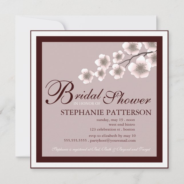 Cherry Blossom Bridal Dusche Einladung Plum Brown (Vorderseite)