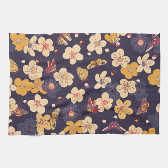 Cherry Blossom Butterfly Asian Print Geschirrtuch (Horizontal)