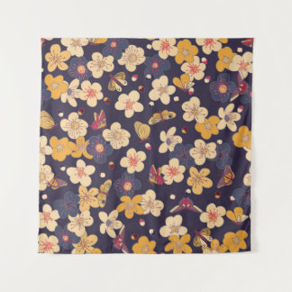 Cherry Blossom Butterfly Asian Print Wandteppich