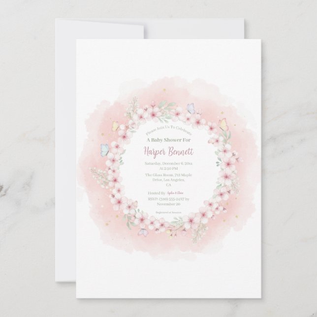 Cherry Blossom Butterfly Babydusche Einladung (Vorderseite)