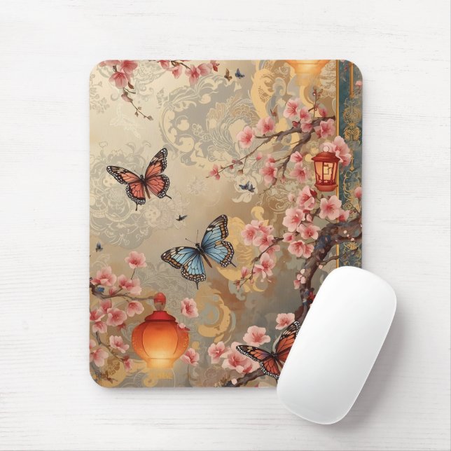 Cherry Blossom Butterfly Lantern Mousepad (Mit Mouse)
