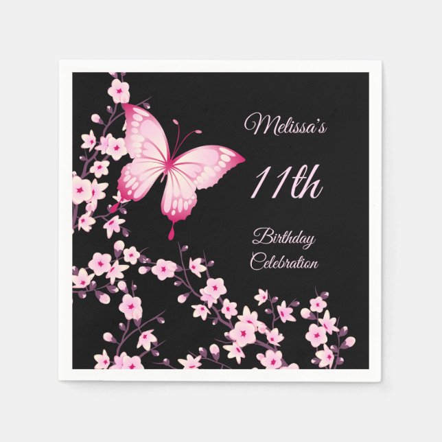 Cherry Blossom Butterfly Pink Black Birthday Serviette (Vorderseite)