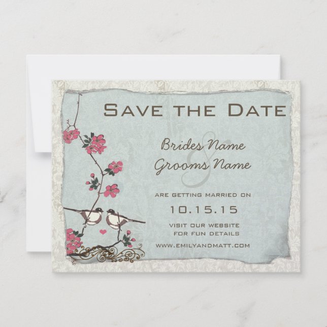 Cherry Blossom Chickadee Damask Save the Date Einladung (Vorderseite)