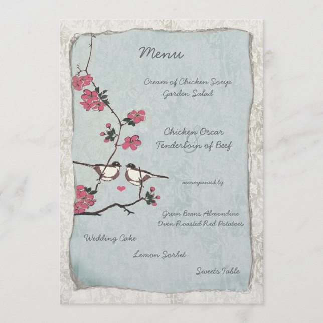 Cherry Blossom Chickadee Damask Wedding Menu Menükarte (Vorderseite)