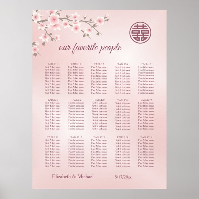 Cherry Blossom Chinese Wedding Seating Chart Poster (Vorne)