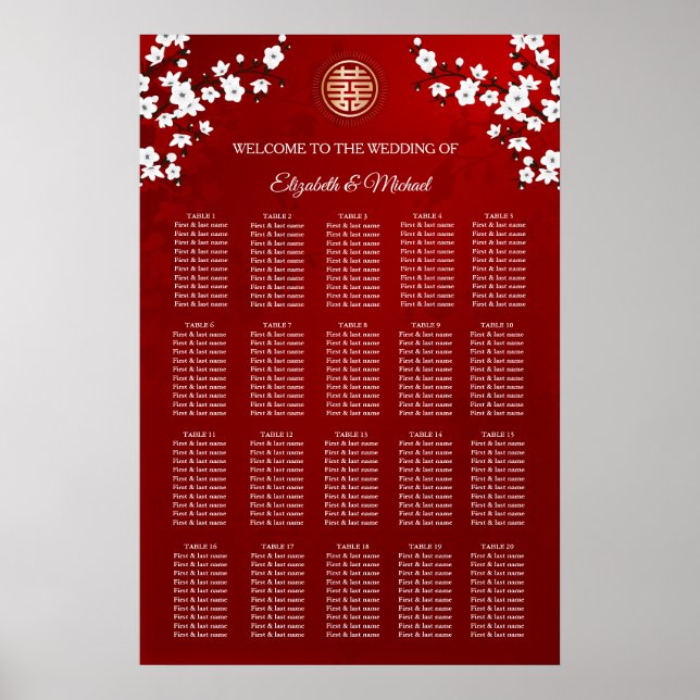 Cherry Blossom Chinese Wedding Seating Chart Poster (Vorne)