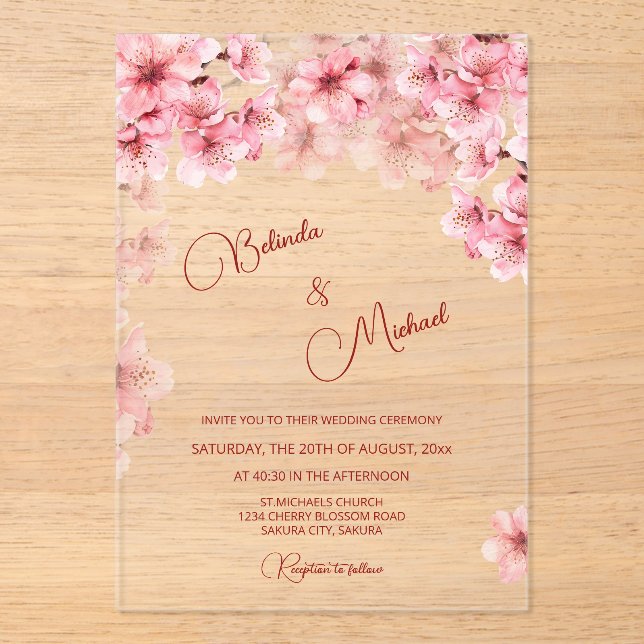  Cherry Blossom Clear Wedding Acryleinladungen (Vorderseite)