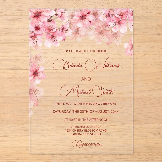  Cherry Blossom Clear Wedding Acryleinladungen (Vorderseite)
