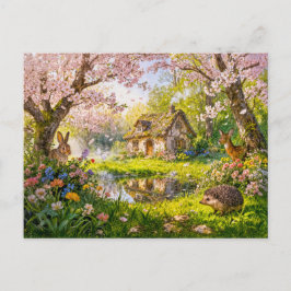 Cherry Blossom Cottage by the Garden Pond Postkarte