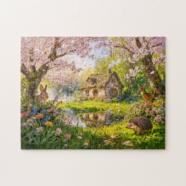 Cherry Blossom Cottage by the Garden Pond Puzzle (Horizontal)
