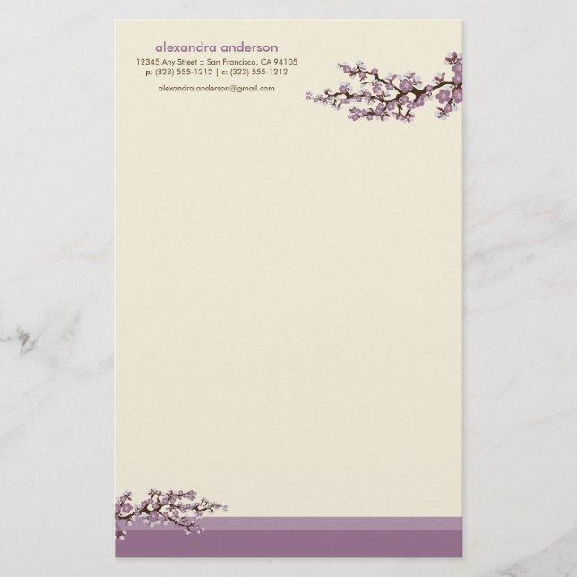 Cherry Blossom Custom Stationery (Lavendel) Briefpapier (Vorderseite)