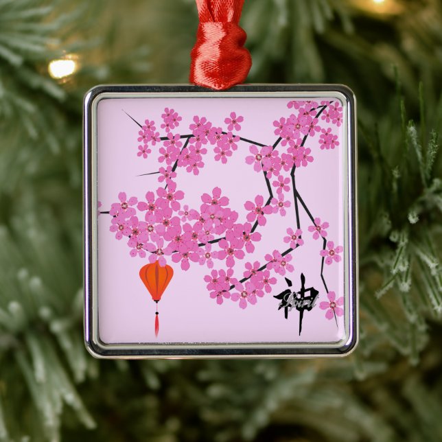 Cherry Blossom Design - Square Keramik Silbernes Ornament (Baum)