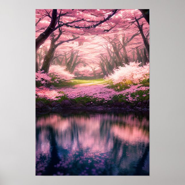 Cherry Blossom Dreamscape am Fluss Poster (Vorne)