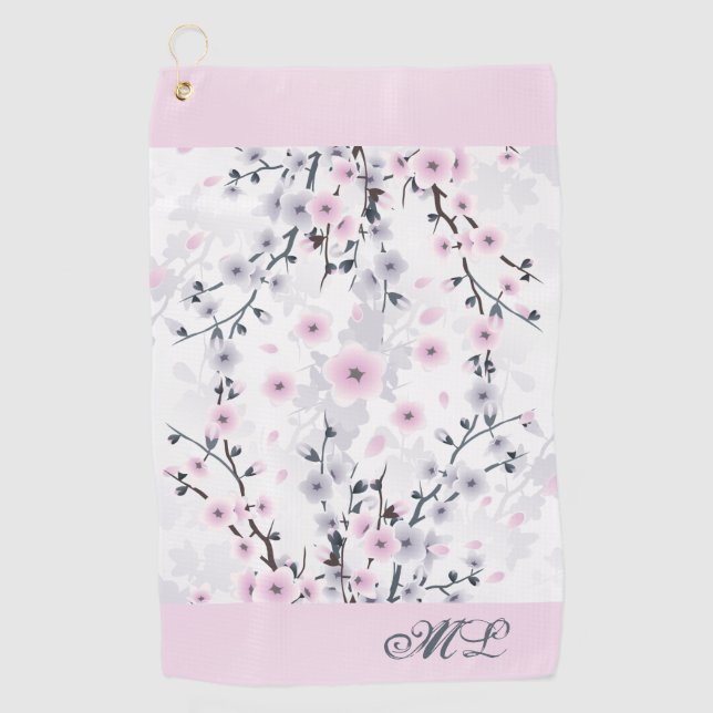 Cherry Blossom Dusky Pink Mauve Monogram Golfhandtuch (Vorderseite)