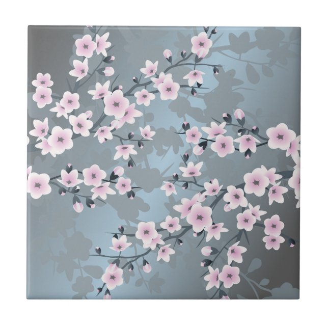Cherry Blossom Dusky Pink Slate Blue Floral Fliese (Vorderseite)